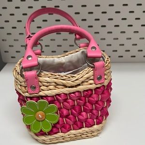 Vintage 2000's Girls Woven Basket Purse Pink Flower Handbag